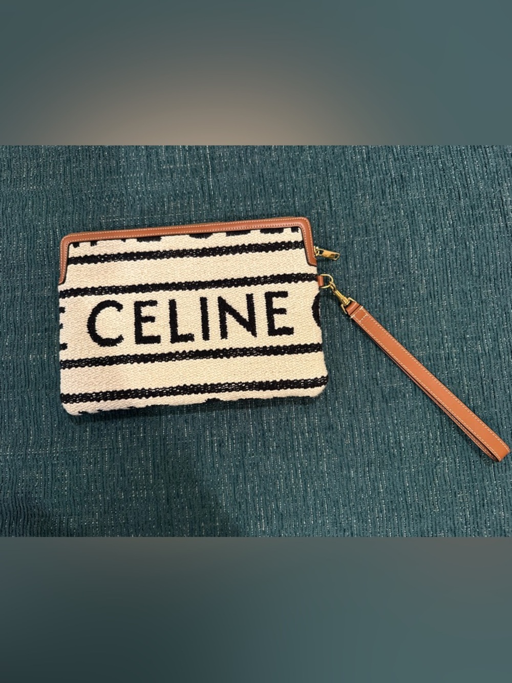 Celine Black and Cream Striped Canvas Wristlet with Tan Trim - Picture 9 of 17